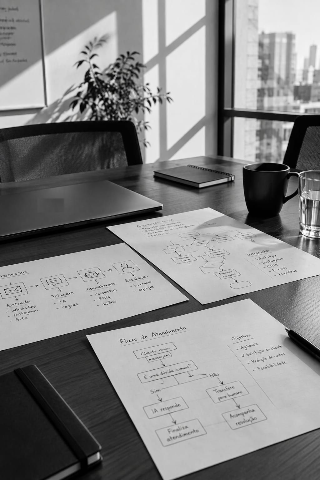 Fluxogramas de atendimento e processos sobre uma mesa de reunião