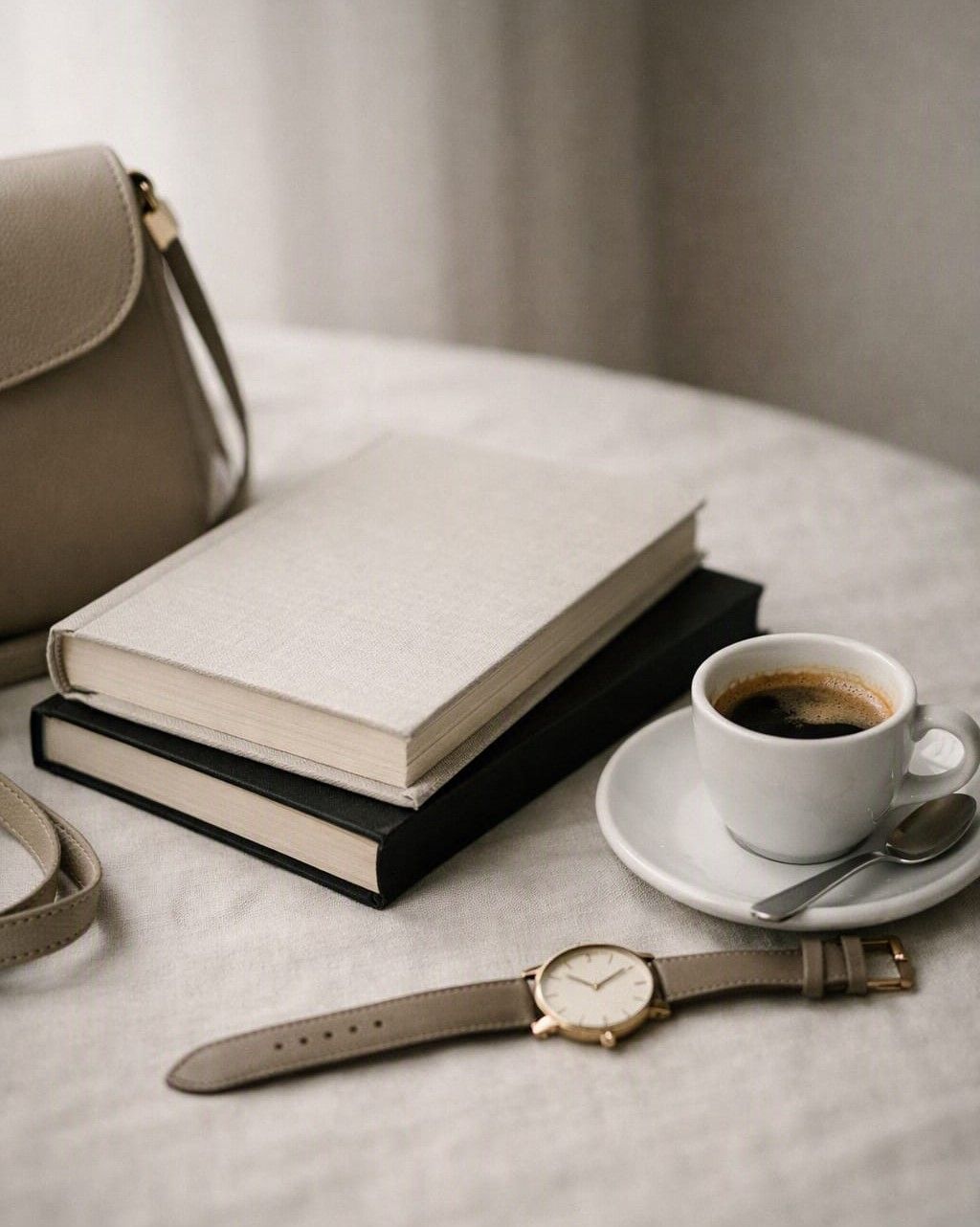 Livros, café e relógio sobre uma mesa
