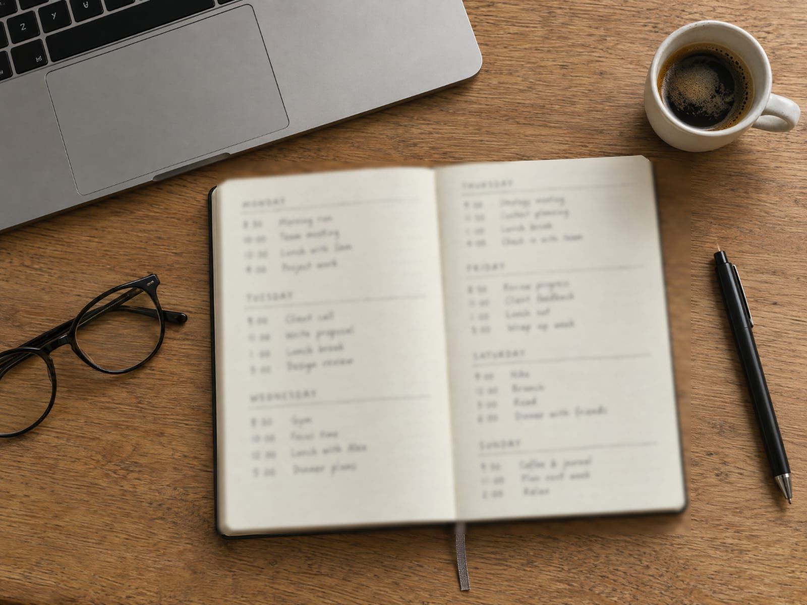 Caderno com a agenda da semana ao lado do notebook