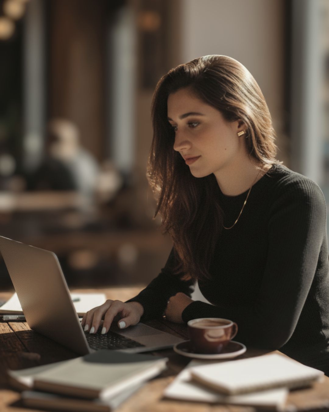 Thais trabalhando no notebook num café